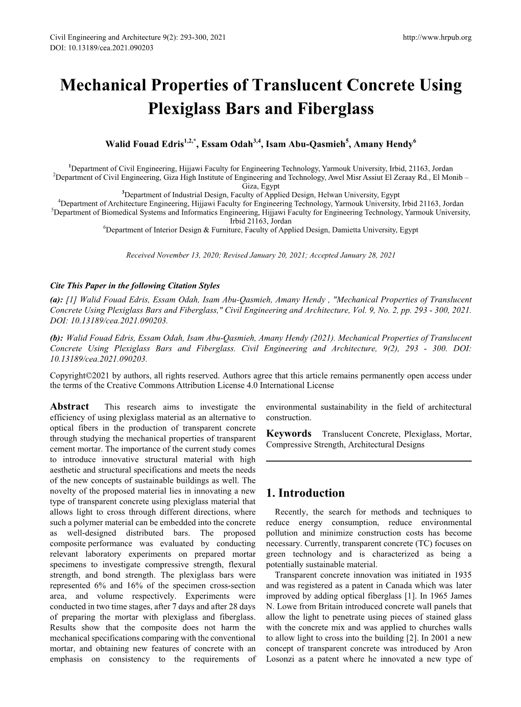 Mechanical Properties of Translucent Concrete Using Plexiglass Bars and Fiberglass