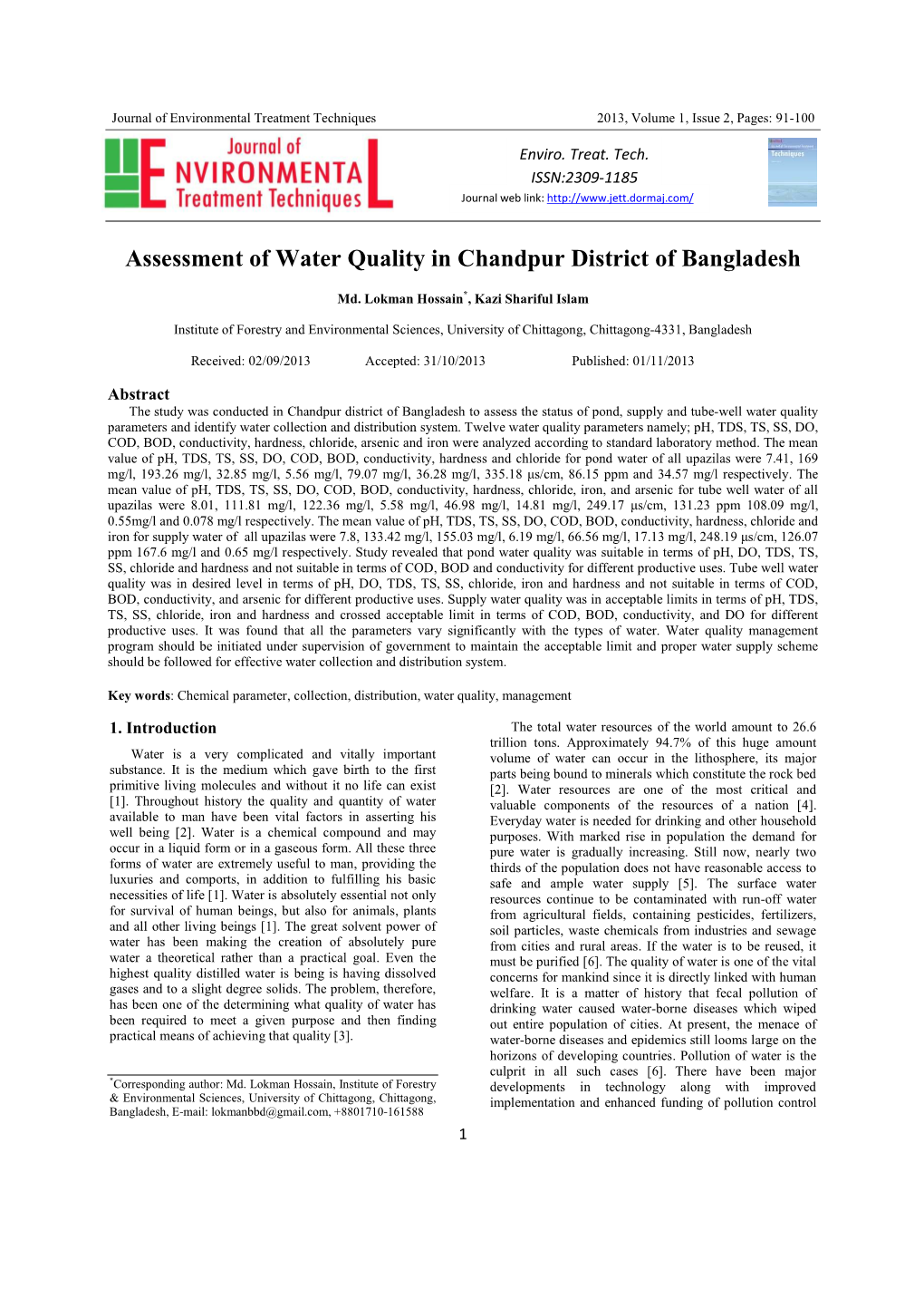 Assessment of Water Quality in Chandpur District of Bangladesh