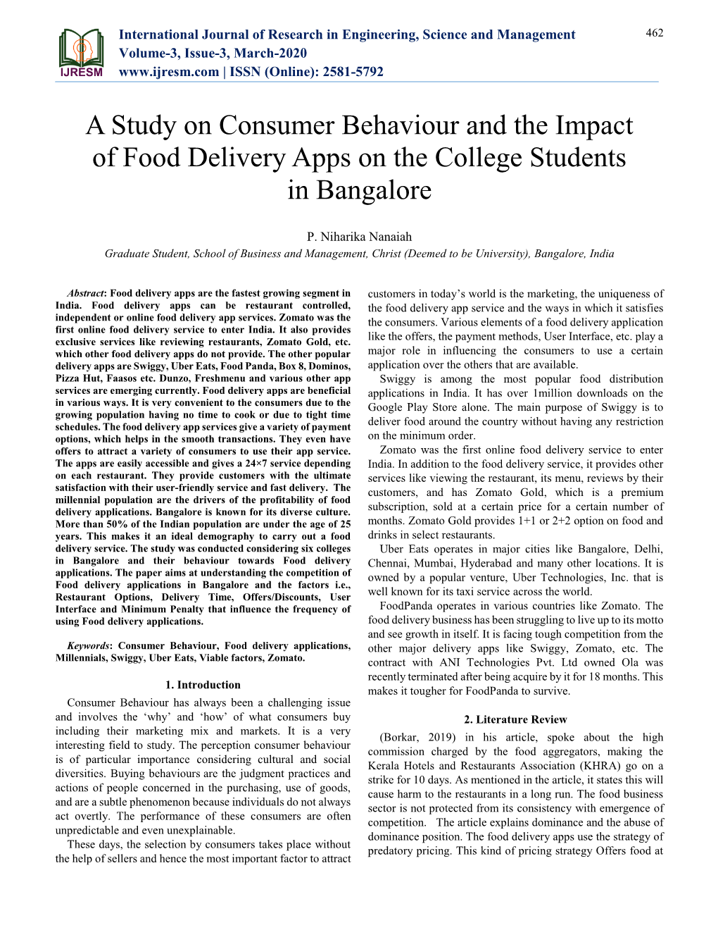 A Study on Consumer Behaviour and the Impact of Food Delivery Apps on the College Students in Bangalore