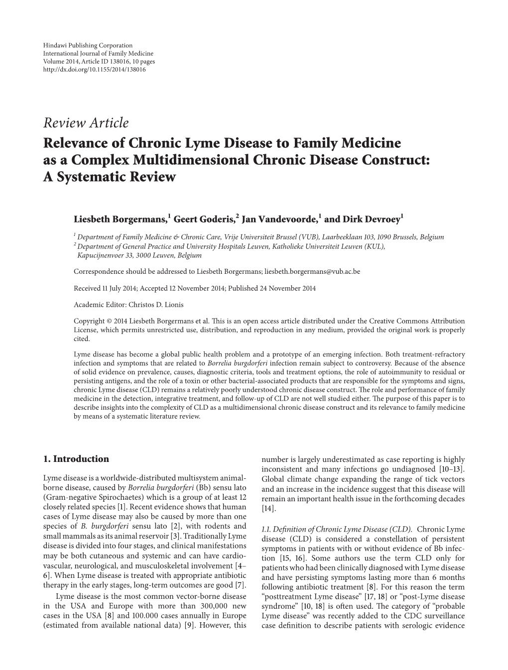 Review Article Relevance of Chronic Lyme Disease to Family Medicine As a Complex Multidimensional Chronic Disease Construct: a Systematic Review