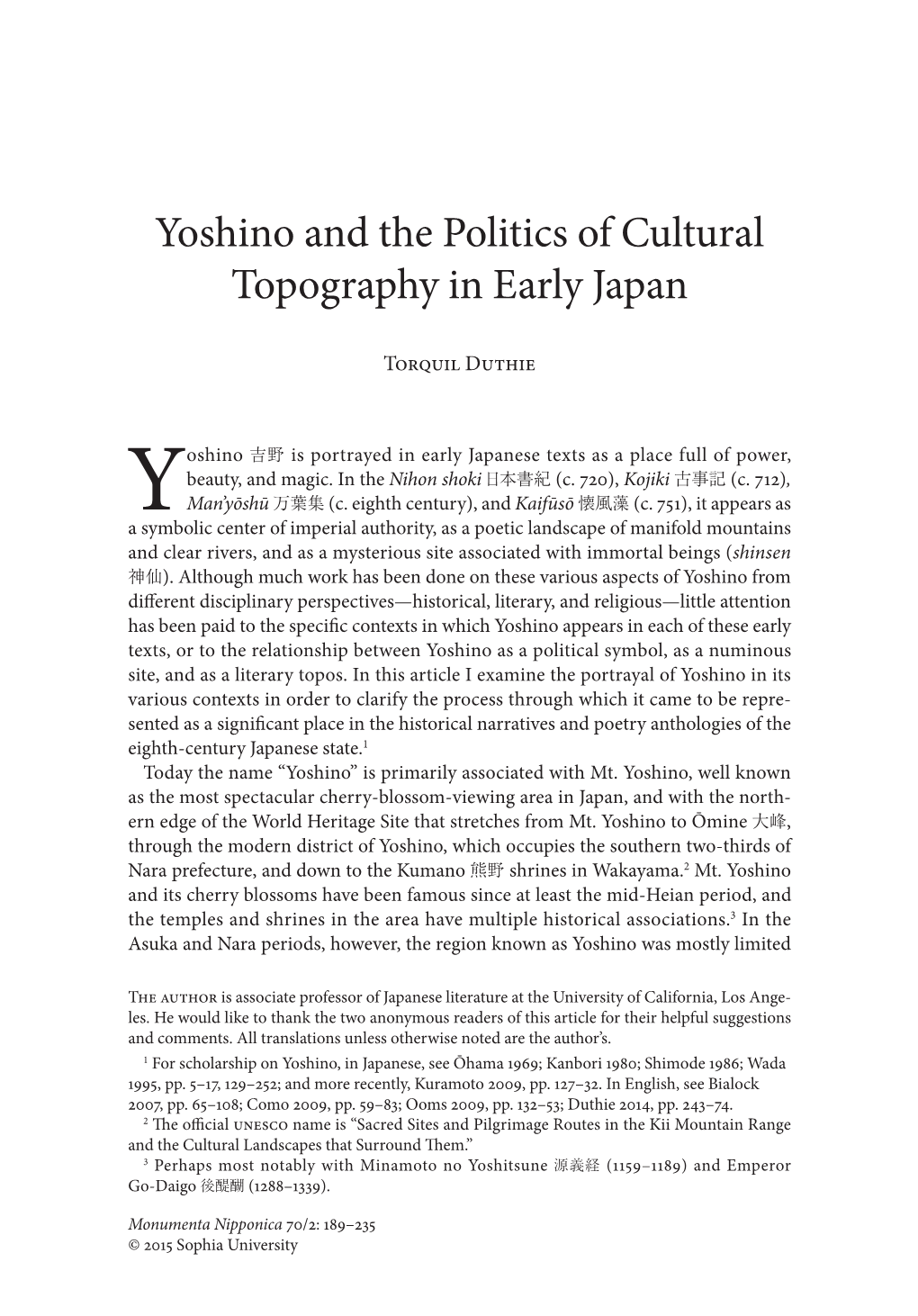 Yoshino and the Politics of Cultural Topography in Early Japan