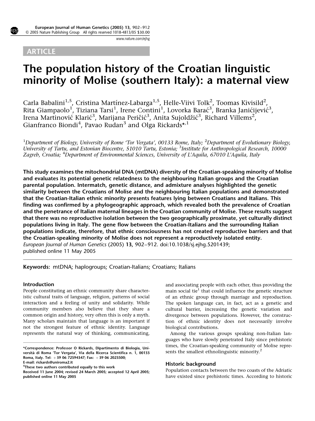 The Population History of the Croatian Linguistic Minority of Molise (Southern Italy): a Maternal View