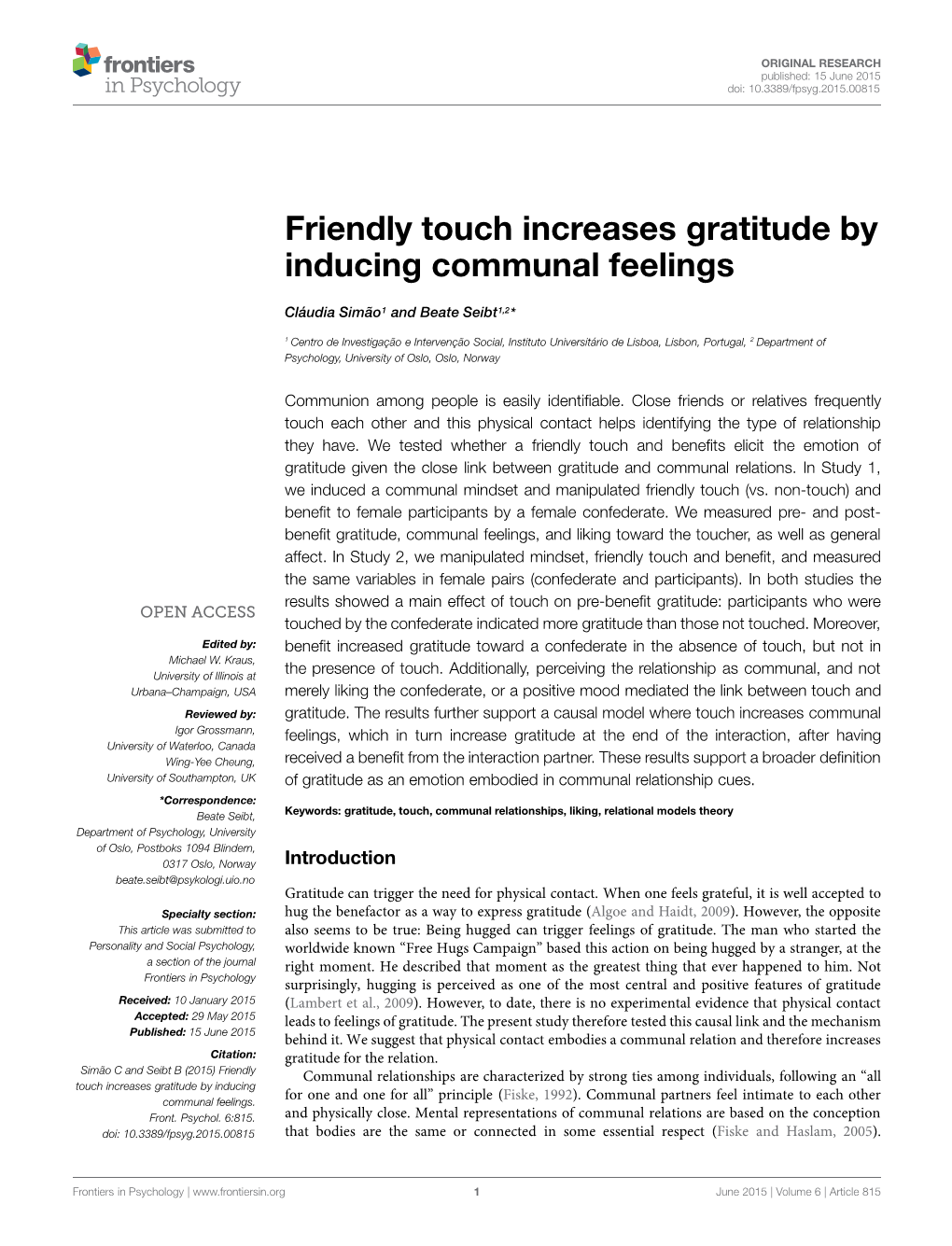 Friendly Touch Increases Gratitude by Inducing Communal Feelings