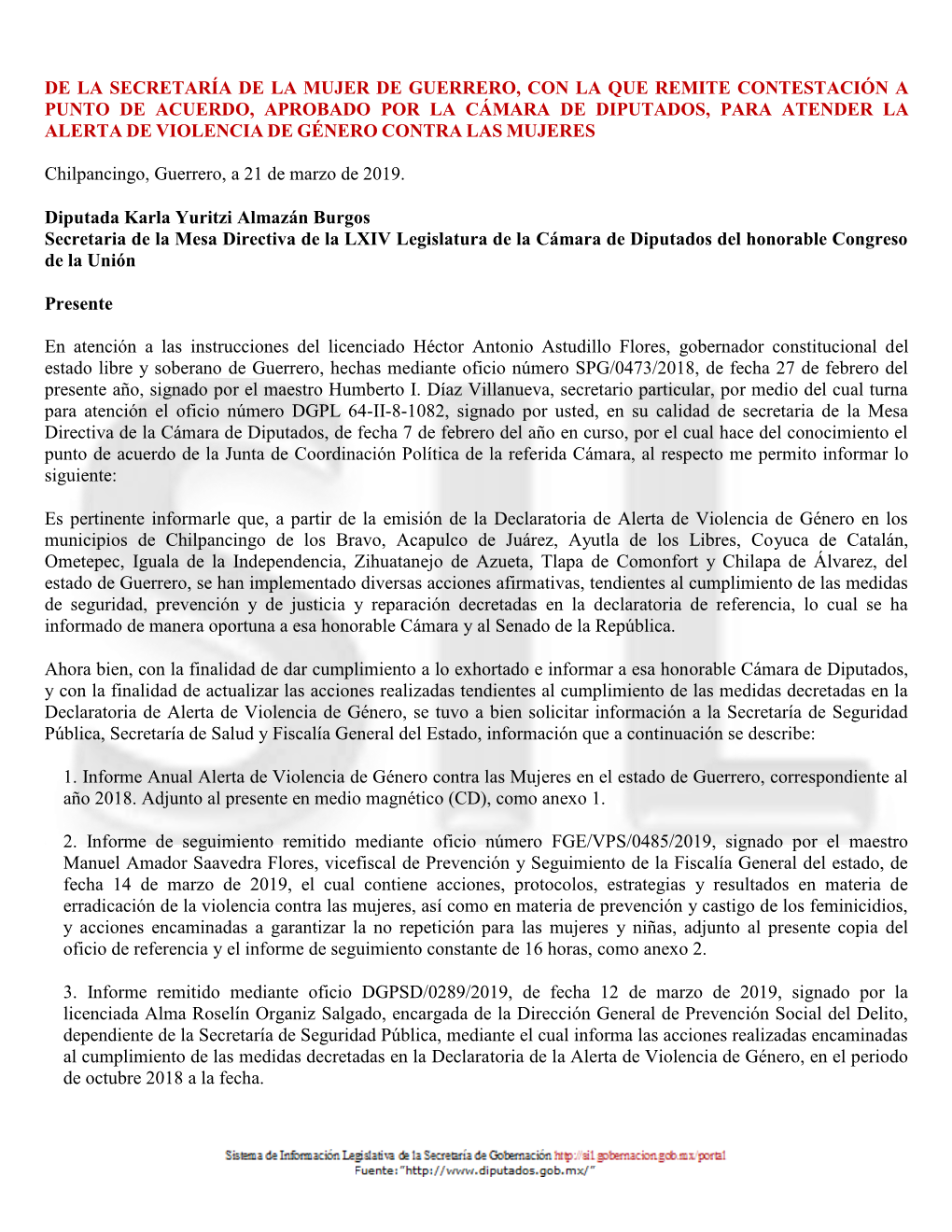 De La Secretaría De La Mujer De Guerrero, Con La Que Remite Contestación a Punto De Acuerdo, Aprobado Por La Cámara De Diputa