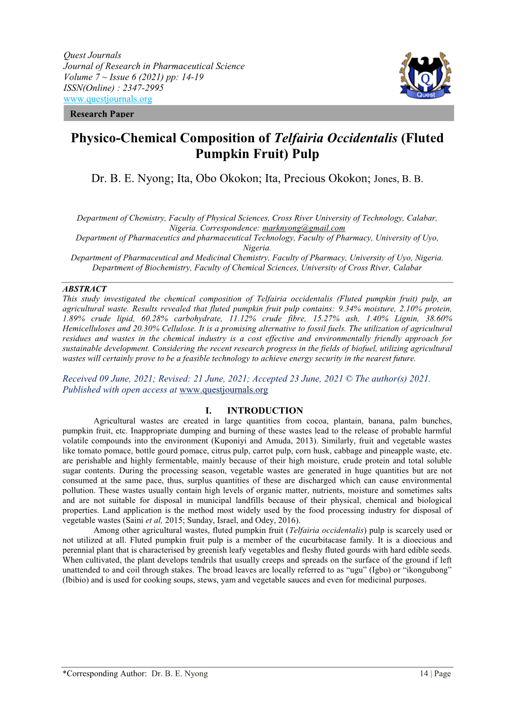 Physico-Chemical Composition of Telfairia Occidentalis (Fluted Pumpkin Fruit) Pulp