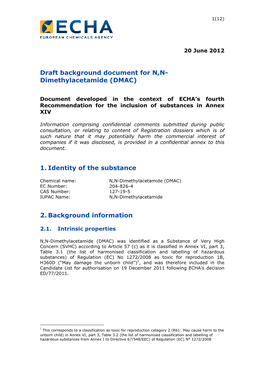 Draft Background Document for N,N- Dimethylacetamide (DMAC)