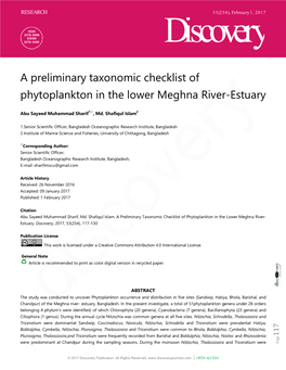 A Preliminary Taxonomic Checklist of Phytoplankton in the Lower Meghna River-Estuary