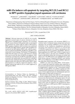 Mir-15A Induces Cell Apoptosis by Targeting BCL2L2 and BCL2 in HPV-Positive Hypopharyngeal Squamous Cell Carcinoma