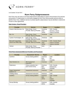 Korn Ferry Subprocessors Korn Ferry May Use Some Or All of the Subprocessors Listed Below to Assist in the Provision of Its Services and Products