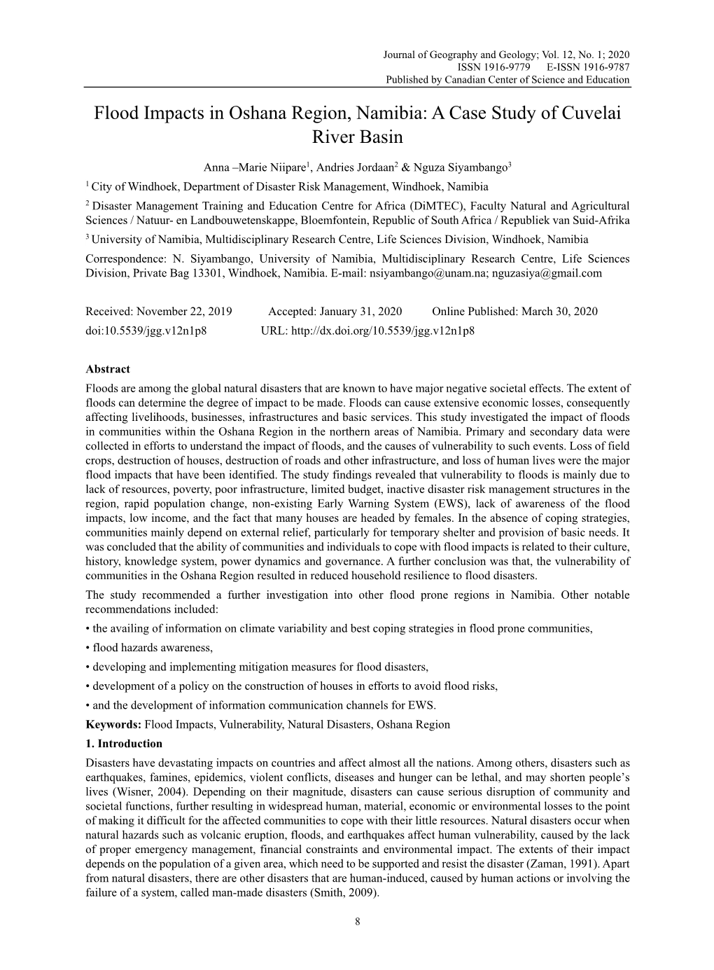 Flood Impacts in Oshana Region, Namibia: a Case Study of Cuvelai River Basin