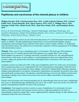 Papillomas and Carcinomas of the Choroid Plexus in Children