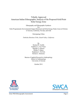 Tribally Approved American Indian Ethnographic Analysis of the Proposed Gold Point Solar Energy Zone