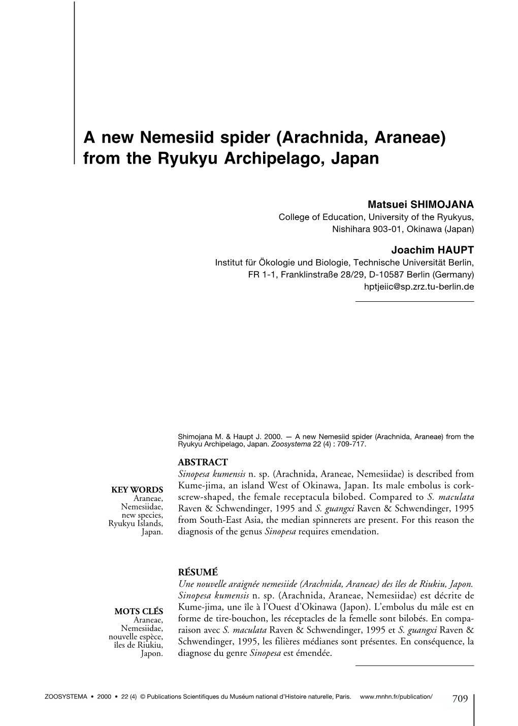 Arachnida, Araneae) from the Ryukyu Archipelago, Japan