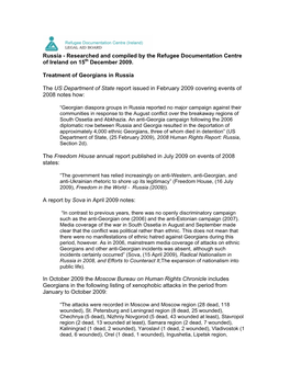 Russia - Researched and Compiled by the Refugee Documentation Centre of Ireland on 15Th December 2009