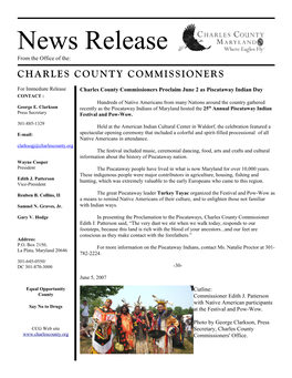 News Release from the Office of The: CHARLES COUNTY COMMISSIONERS