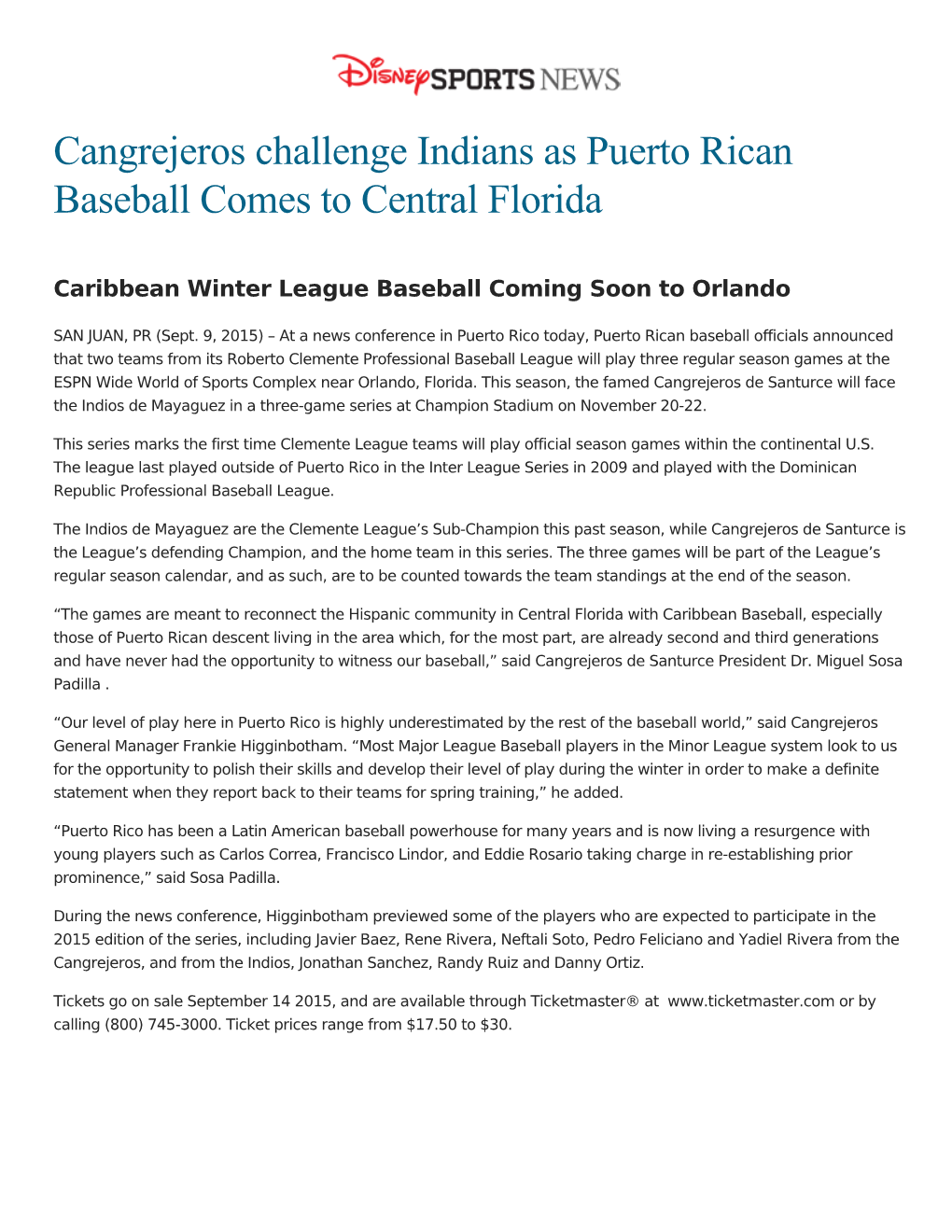 Cangrejeros Challenge Indians As Puerto Rican Baseball Comes to Central Florida