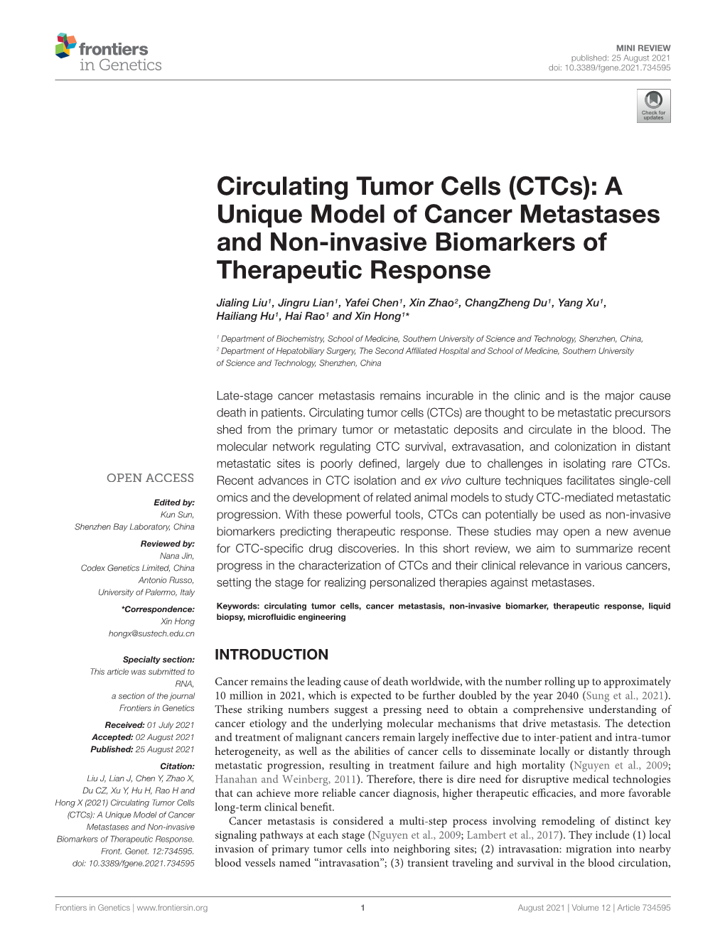 Circulating Tumor Cells (Ctcs): a Unique Model of Cancer Metastases and Non-Invasive Biomarkers of Therapeutic Response