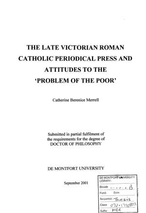 The Late Victorian Roman Catholic Periodical Press and Attitudes to the 'Problem of the Poor'