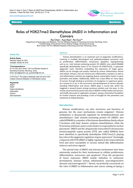 Roles of H3k27me3 Demethylase JMJD3 in Inflammation and Cancers