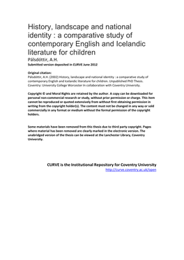 History, Landscape and National Identity : a Comparative Study of Contemporary English and Icelandic Literature for Children Pálsdóttir, A.H