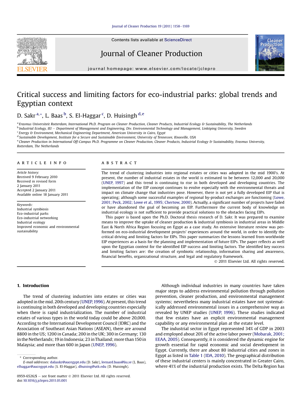 Critical Success and Limiting Factors for Eco-Industrial Parks: Global Trends and Egyptian Context