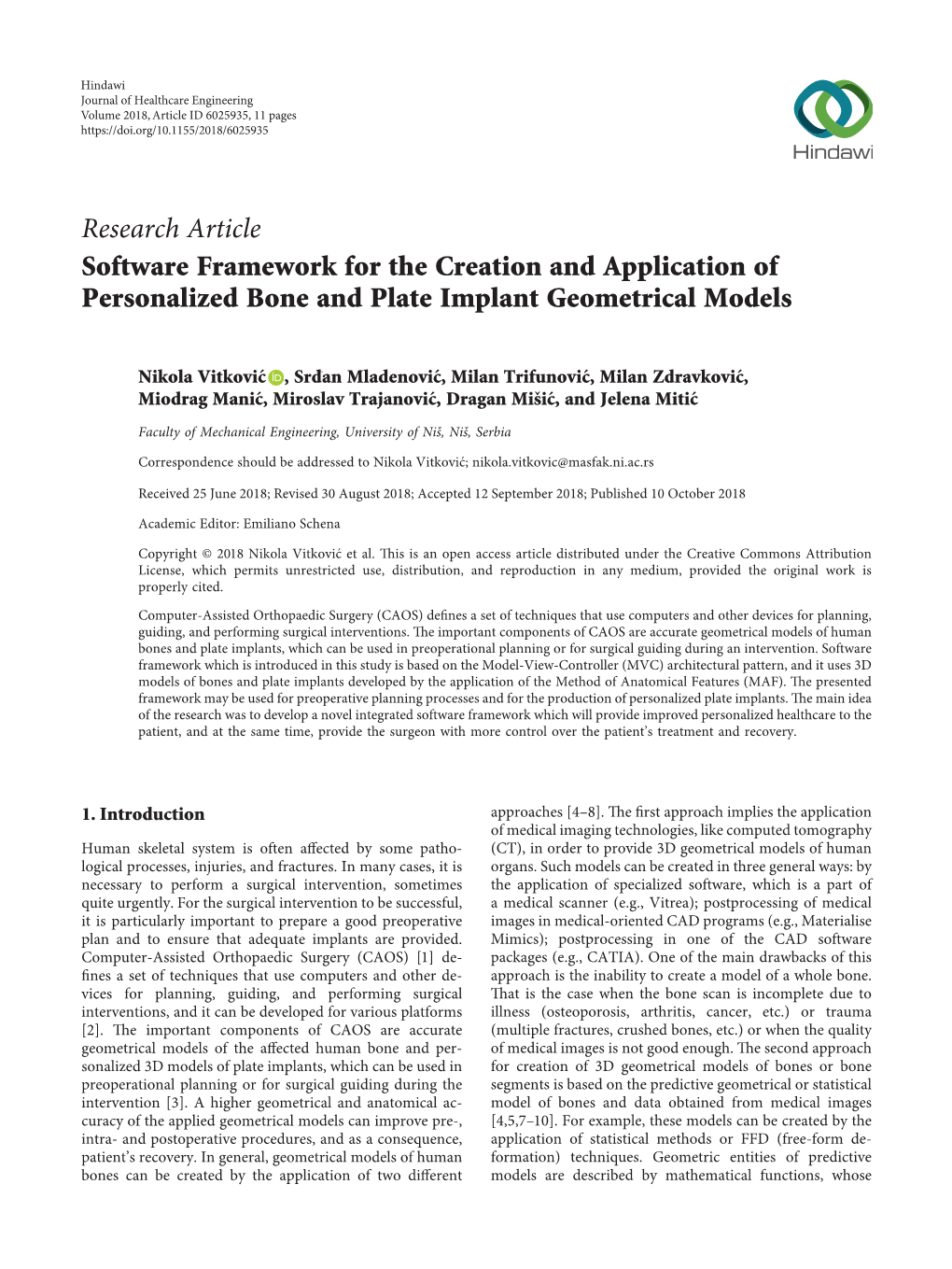 Research Article Software Framework for the Creation and Application of Personalized Bone and Plate Implant Geometrical Models