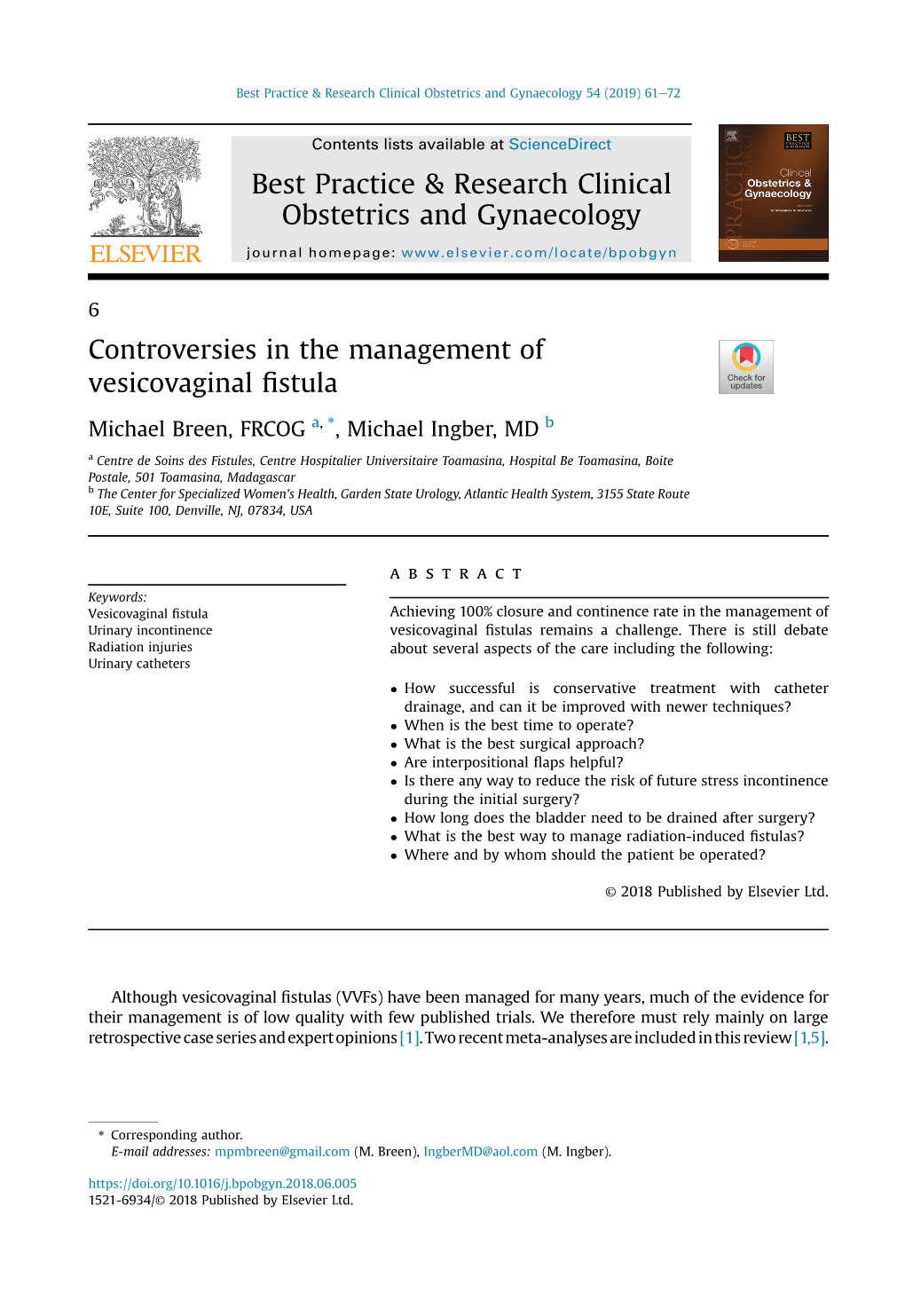 Controversies in the Management of Vesicovaginal Fistula