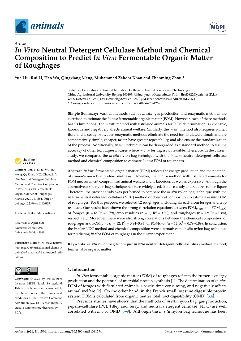 In Vitro Neutral Detergent Cellulase Method and Chemical Composition to Predict in Vivo Fermentable Organic Matter of Roughages