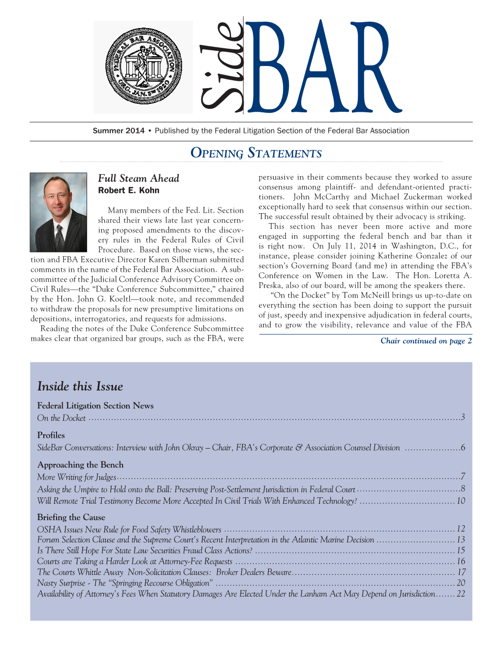 Inside This Issue Federal Litigation Section News on the Docket