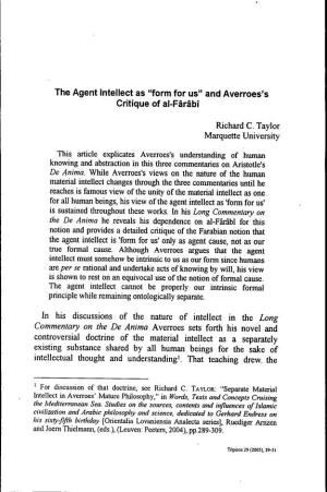 The Agent Intellect As "Form for Us" and Averroes's Critique of Al-Farabt