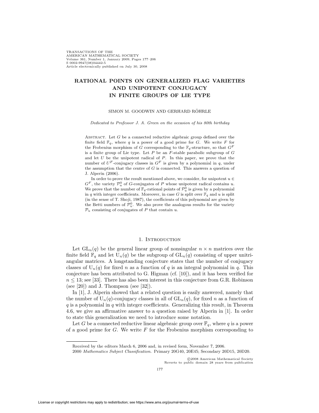 RATIONAL POINTS on GENERALIZED FLAG VARIETIES and UNIPOTENT CONJUGACY in FINITE GROUPS of LIE TYPE 1. Introduction Let Gln(Q)