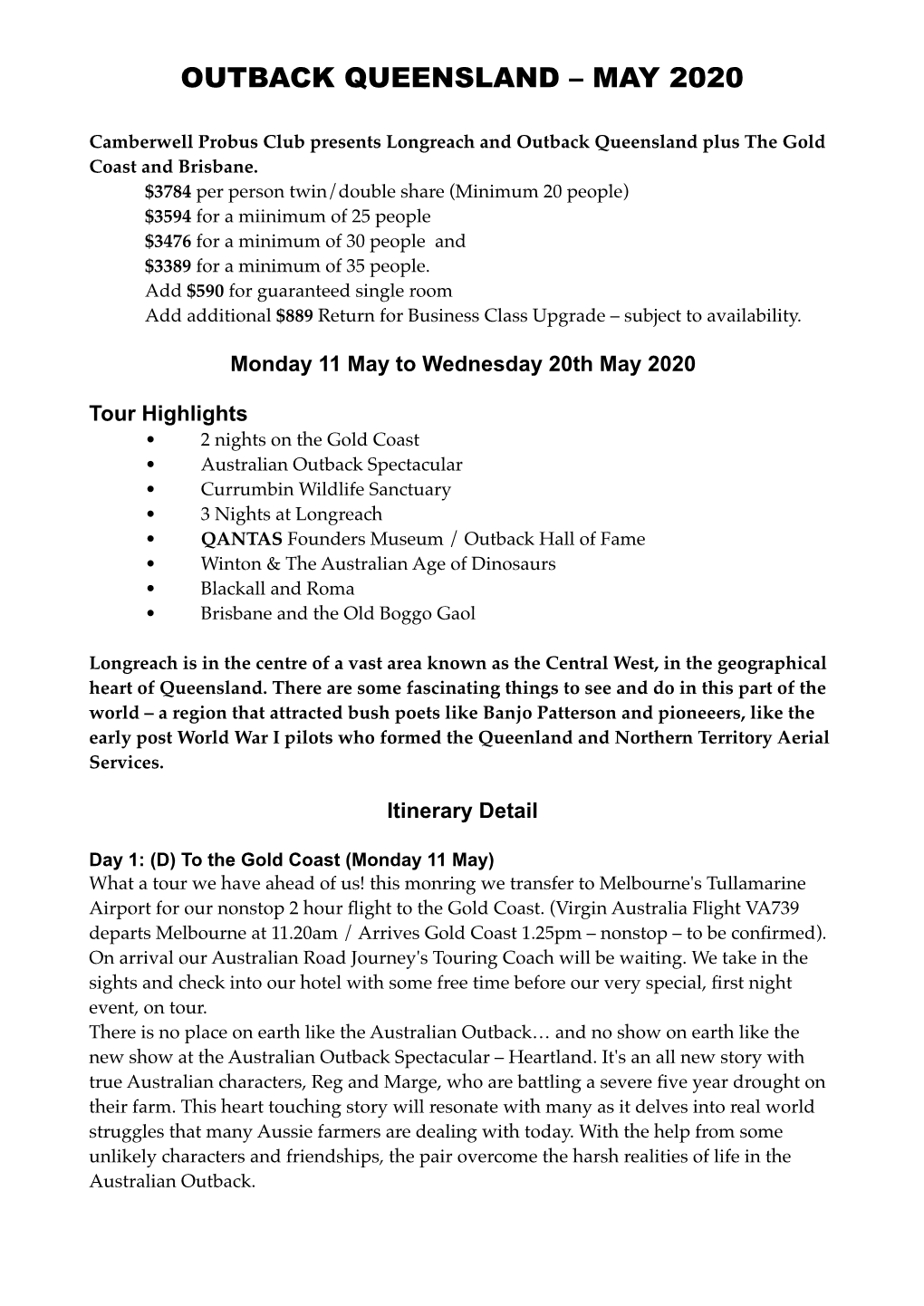 Outbackqld Tour Itinerary