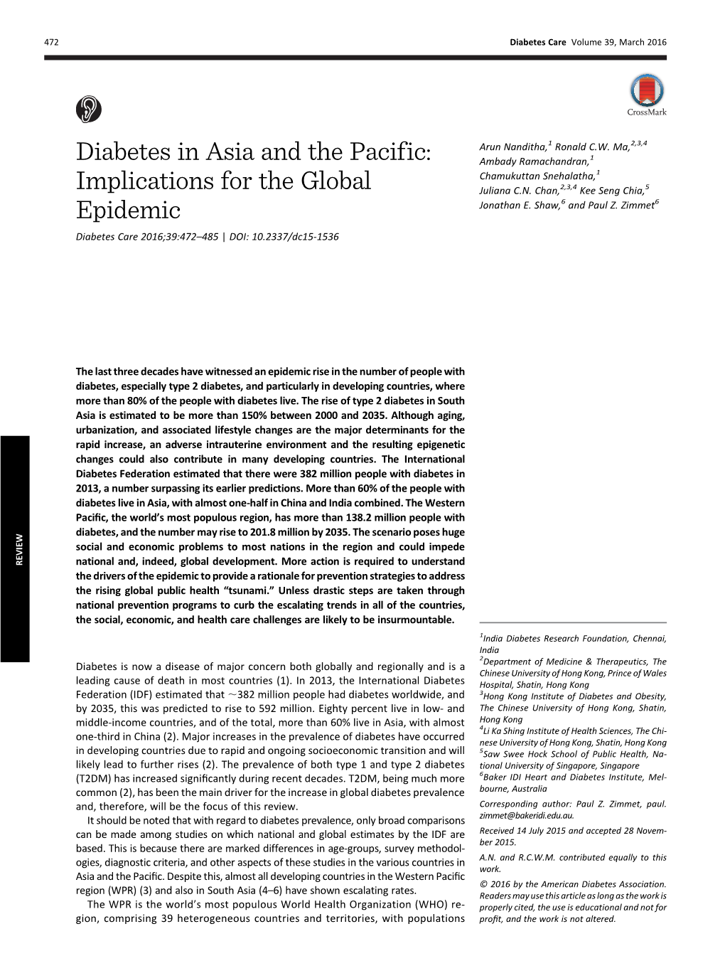 Diabetes in Asia and the Pacific: Implications for the Global Epidemic