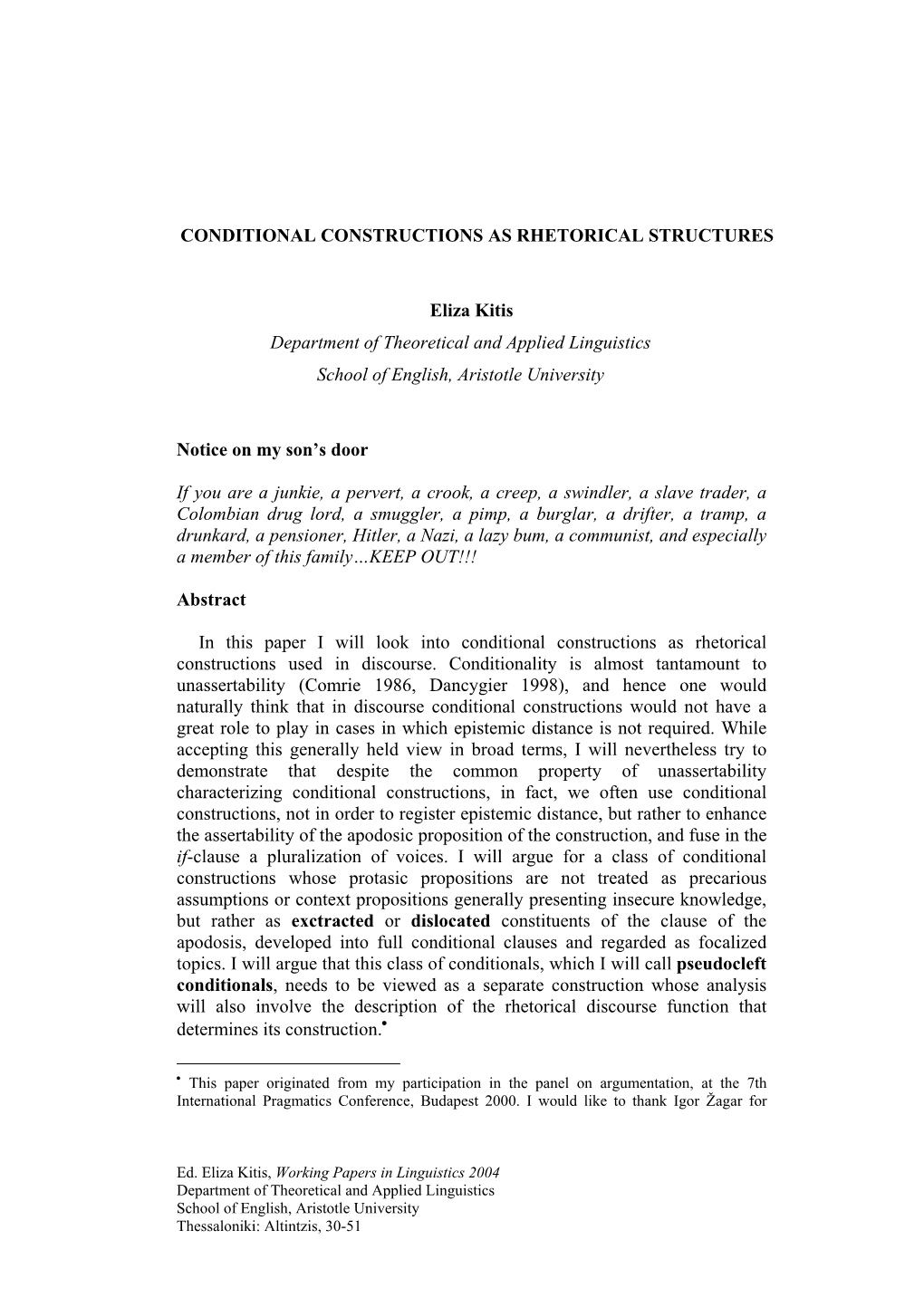 Conditional Constructions As Rhetorical Structures