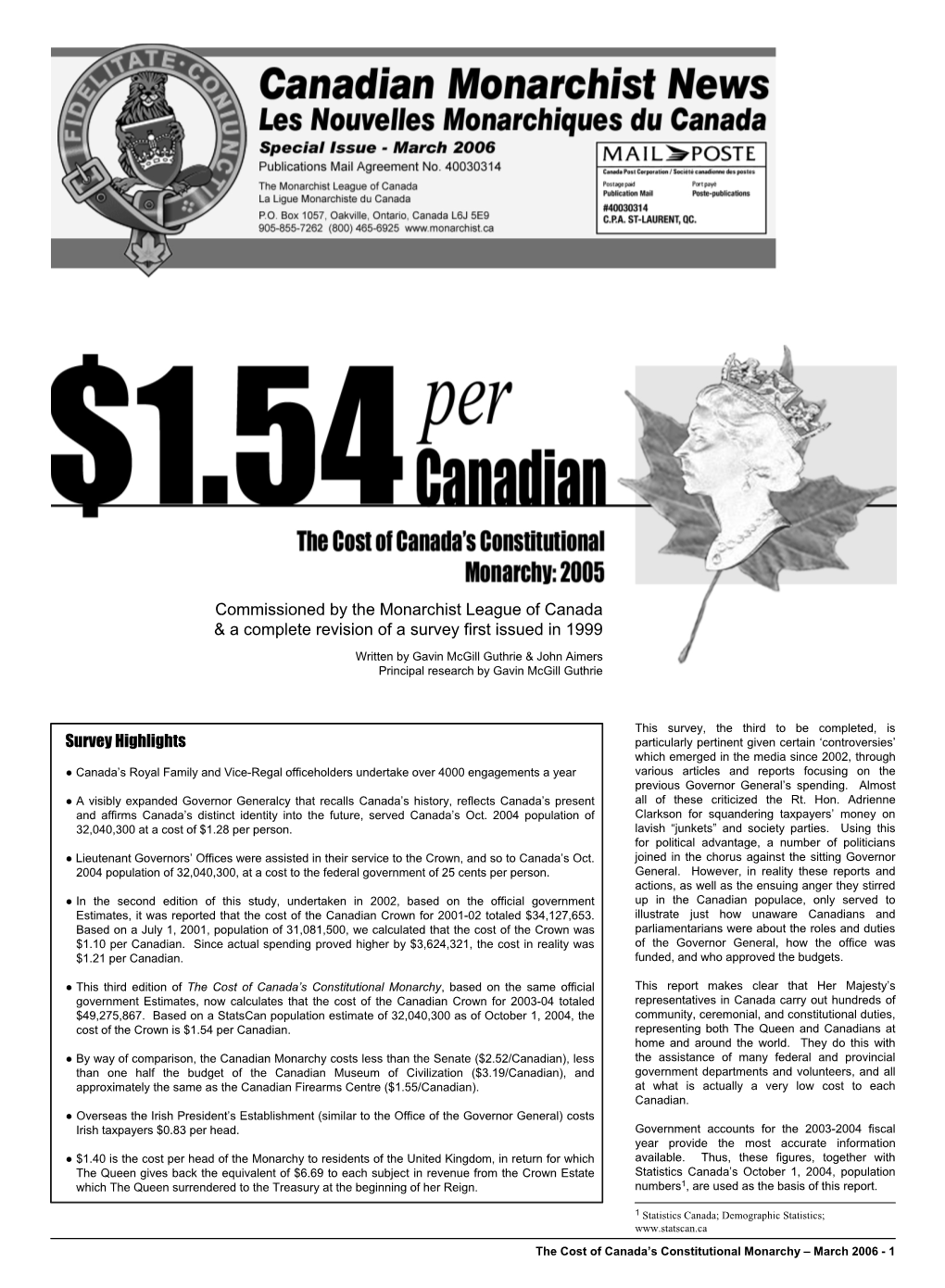 Survey Highlights Commissioned by the Monarchist League of Canada