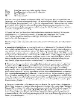 Iowa Department of Economic Development DATE: March 16, 2009 RE: “Iowa Innovators”