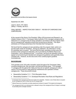 September 29, 2009 Janet C. Herrin, WT 10D-K Jeffrey T. Parsley, EB 3G-C FINAL REPORT – INSPECTION 2009-12695-01 – REVIEW OF