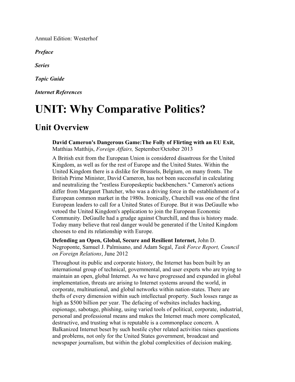 UNIT: Why Comparative Politics?