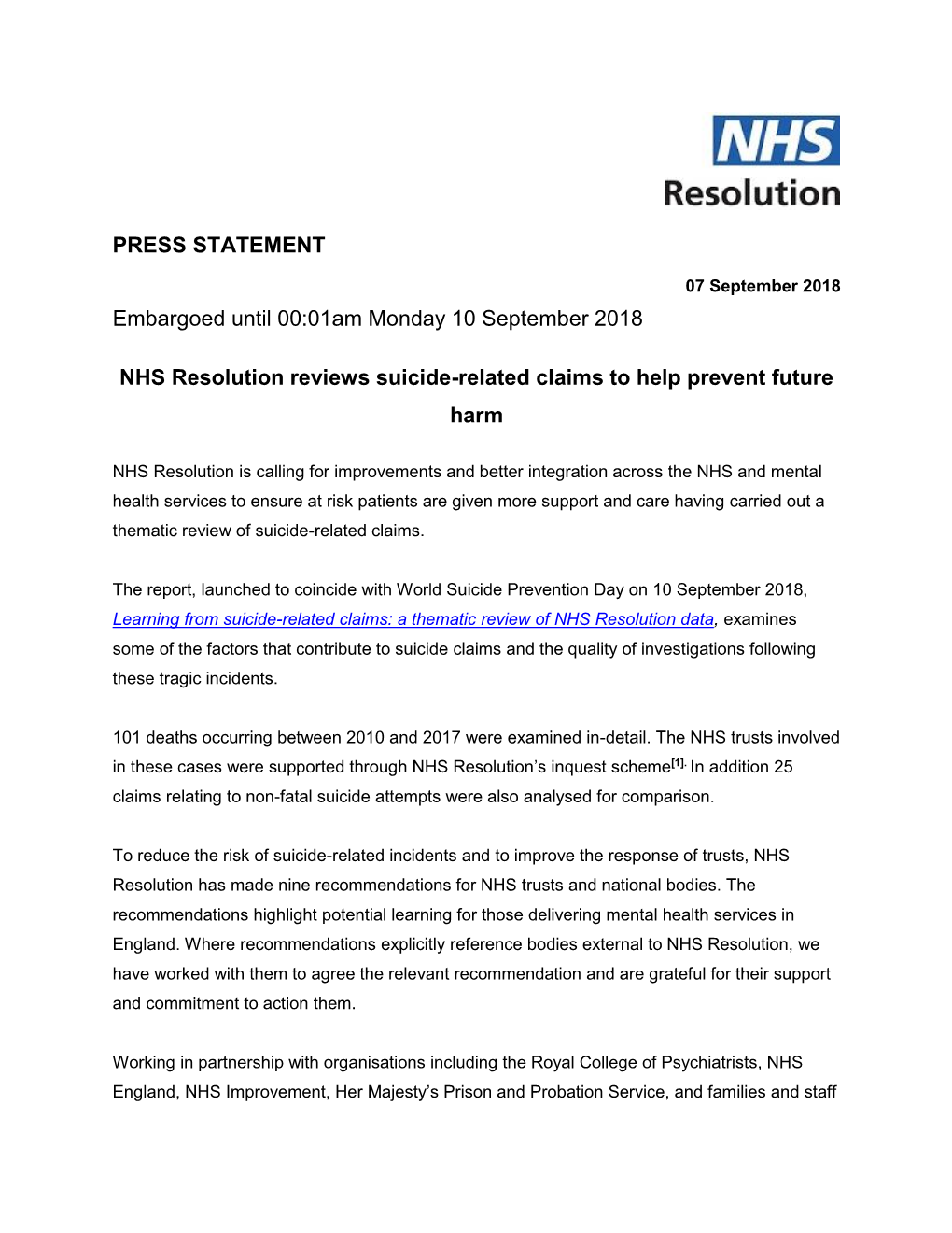 PRESS STATEMENT Embargoed Until 00:01Am Monday 10 September