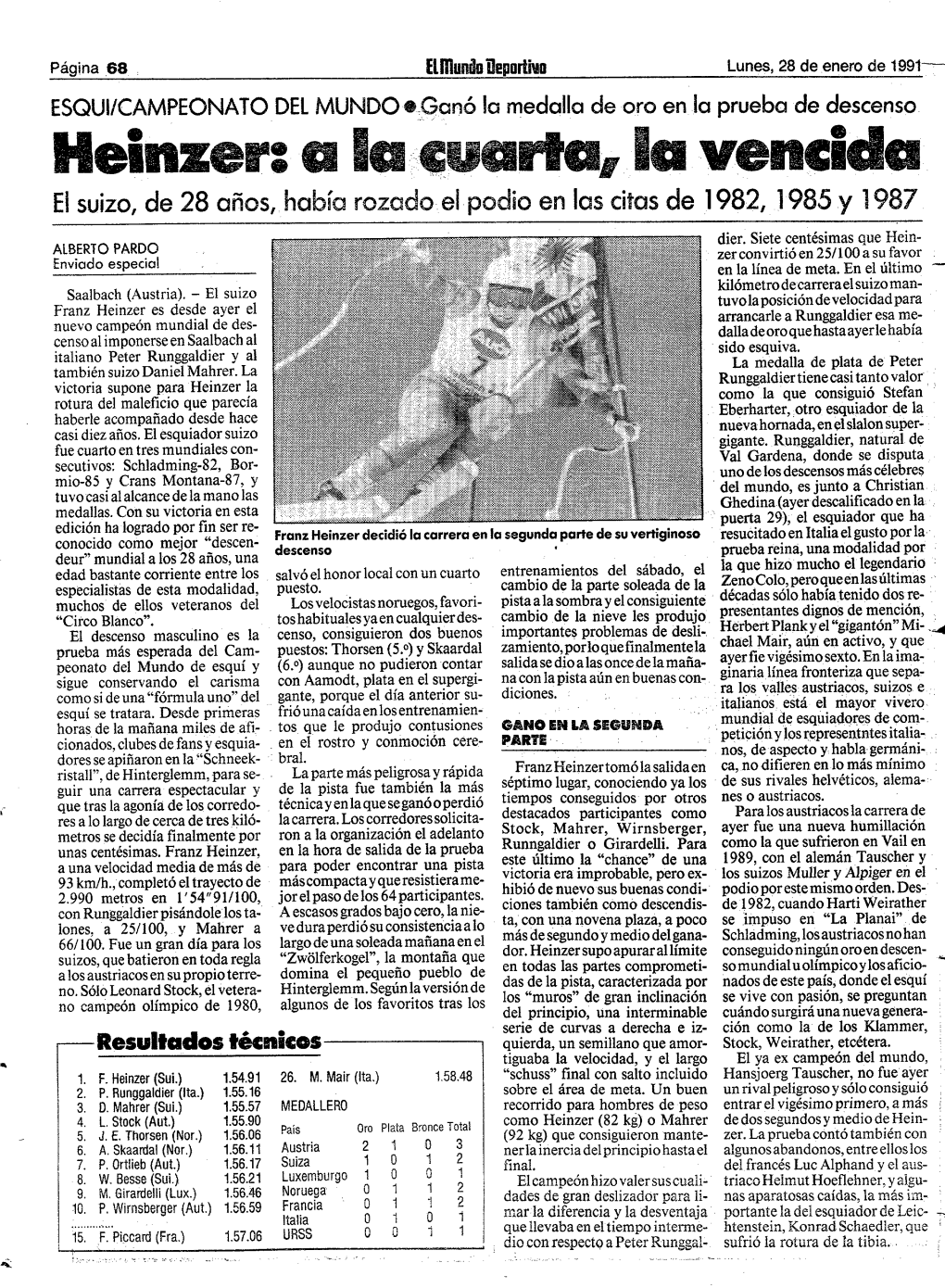 Heinzer: a Bu Iiuoa Bu Vencida El Suizo, De 28 Años, Había Rozado•..El• Podio En Las Citas De 1982,1985 .Y 1987