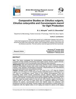 Comparative Studies on Citrullus Vulgaris, Citrullus Colocynthis and Cucumeropsis Mannii for Ogiri Production