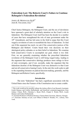 Federalism Lost: the Roberts Court's Failure to Continue Rehnquist's Federalism Revolution*