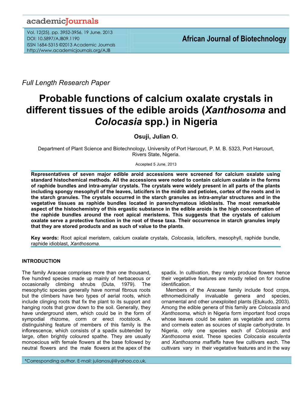 Histochemical Localization and Probable Functions of Calcium Oxalate Crystals in Cocoyams