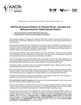 AACTA Announces Return to Channel Seven, New Hair and Makeup Award for Sixth Awards Season