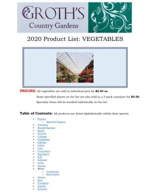 2020 Product List: VEGETABLES
