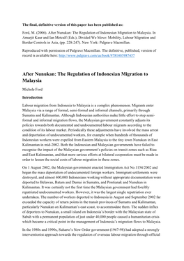 After Nunukan: the Regulation of Indonesian Migration to Malaysia