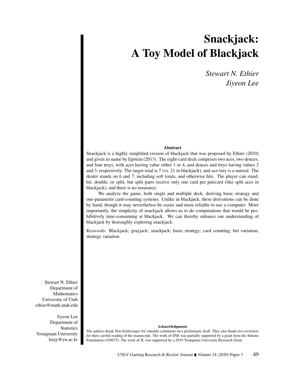 A Toy Model of Blackjack