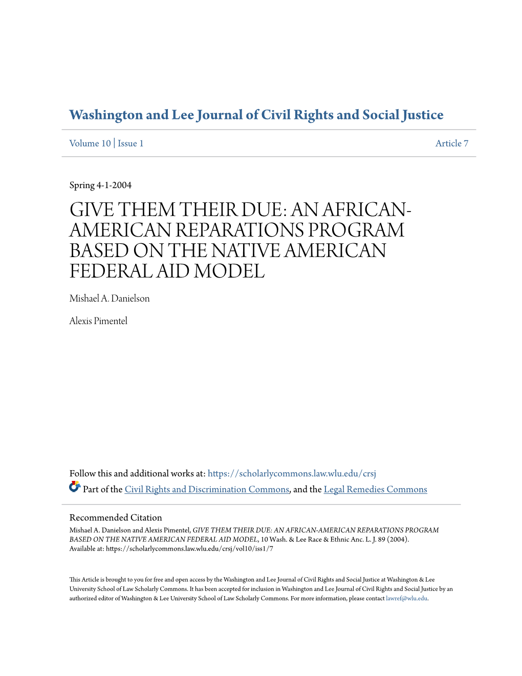 AN AFRICAN-AMERICAN REPARATIONS PROGRAM BASED on the NATIVE AMERICAN FEDERAL AID MODEL, 10 Wash