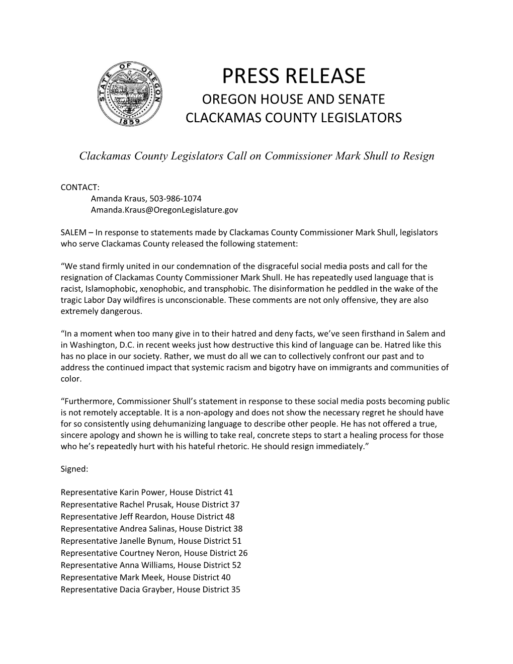 Press Release Oregon House and Senate Clackamas County Legislators