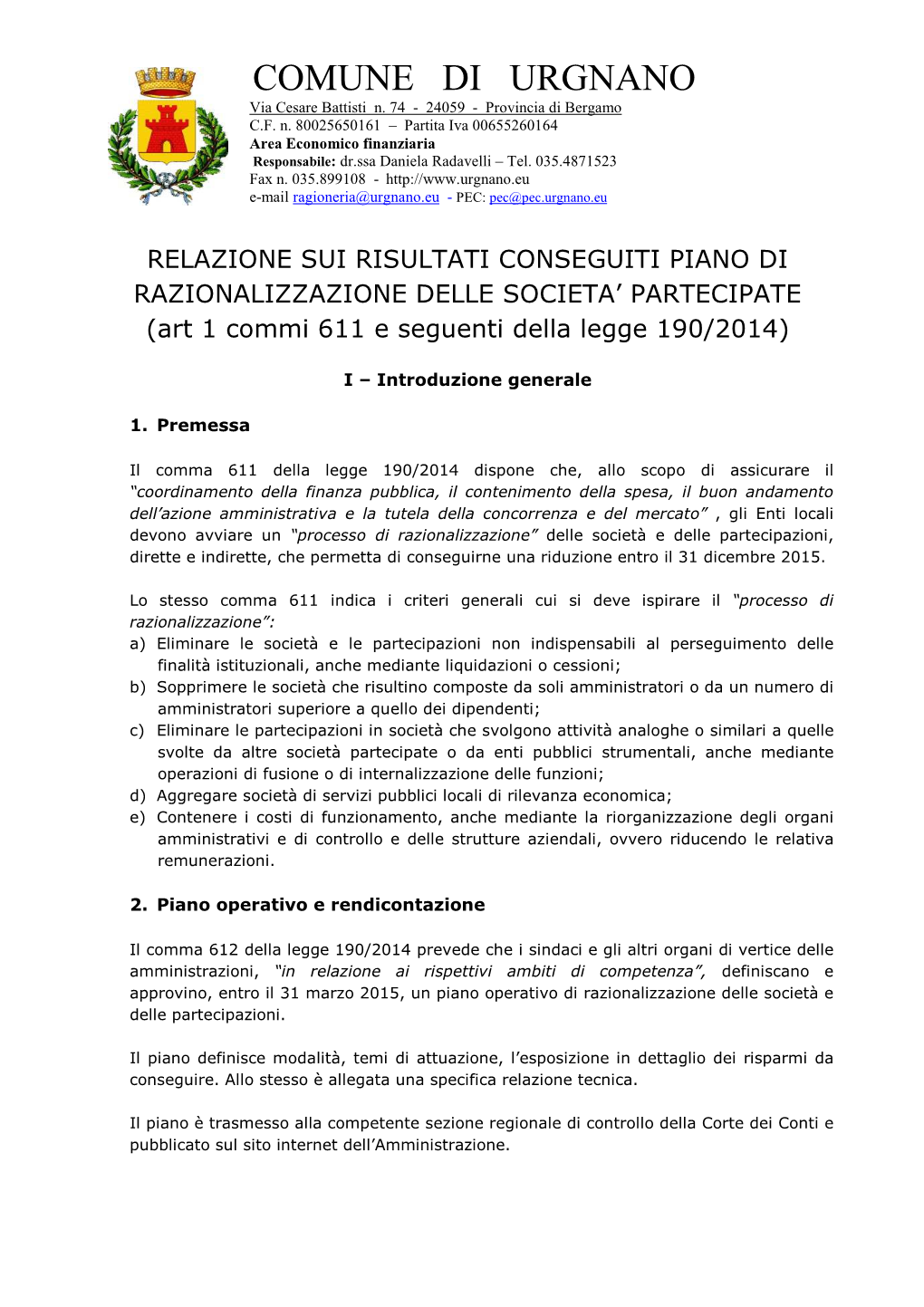 Relazione Piano Razionalizzazone Partecipate